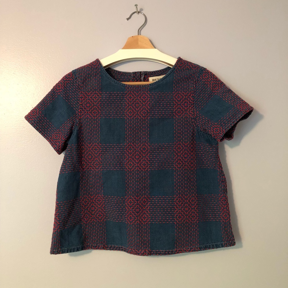 Madewell Rivet and Thread denim zip embroider top